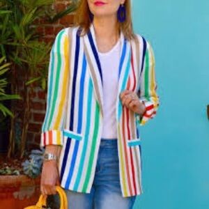 Alice + Olivia Kylie Rainbow Striped Open Front Jacket Blazer Small/Medium